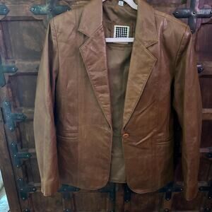 Vintage tan leather blazer jacket 80's style Fits like Mens Medium